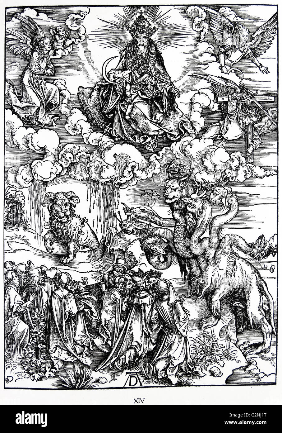 Martin Luther: Preface to the Revelation of John ( 1522): Vorrede zur Offenbarung Johannes (1522). Apocalypse in figures; Woodcut by Albrecht Durer; The Sea Monster and the Beast with the Lamb's Horns. The Revelation of Saint John Stock Photo
