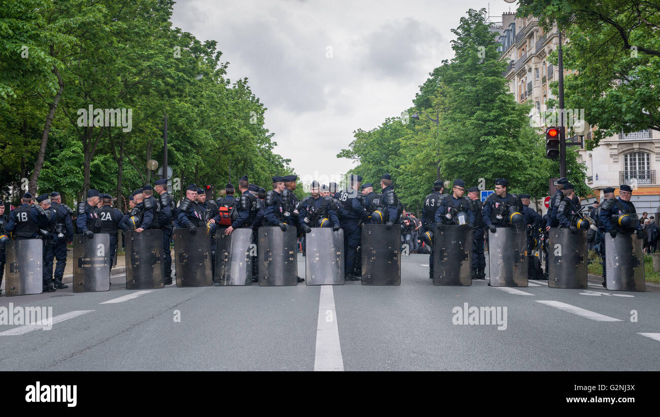 French unions and students protest in Paris, France after the government forced through controversial labour reforms Stock Photo