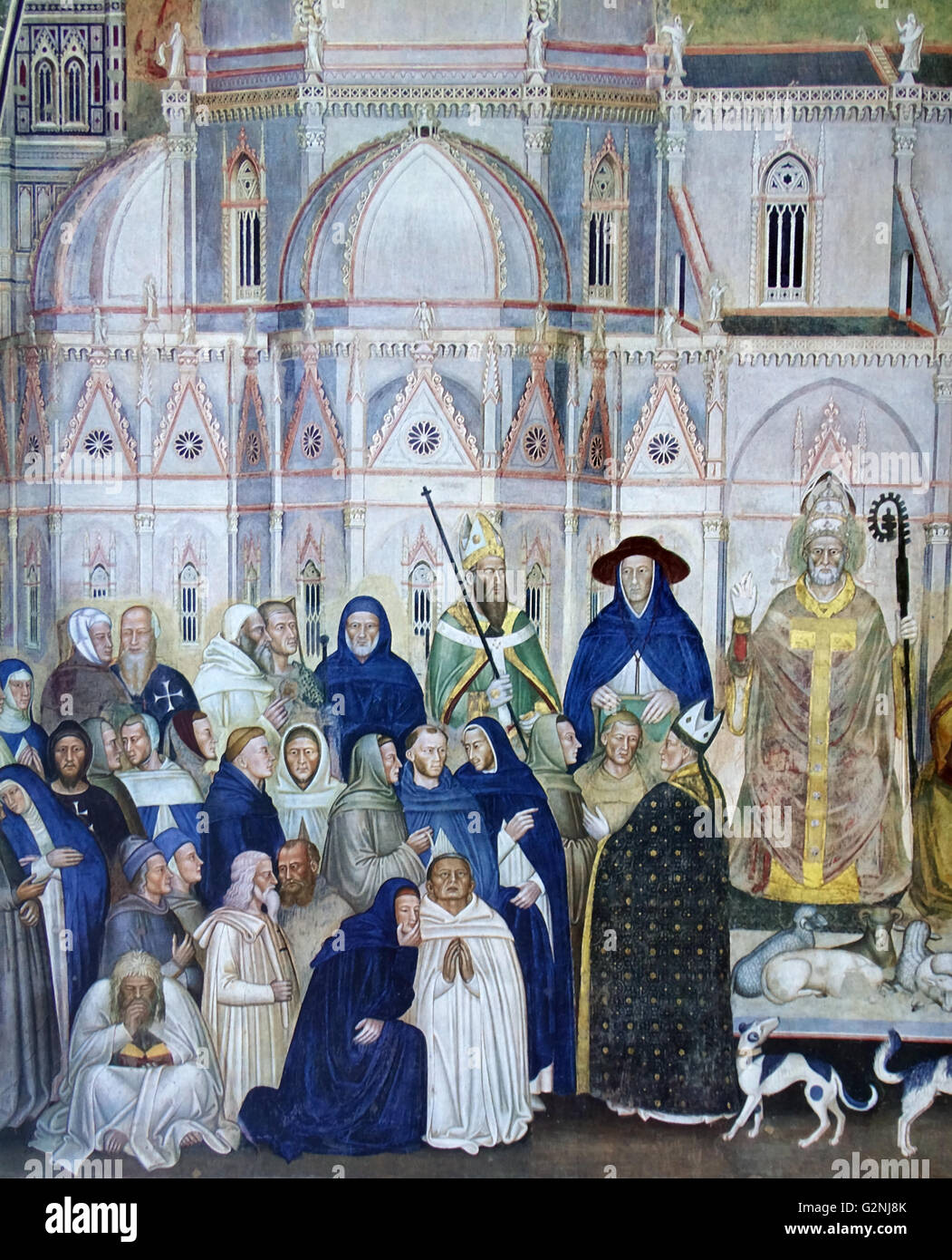 Fresco depicting the Dominican Order painted by the Italian artist Andrea da Firenze. The painting depicts the hierarchy of power in the Church. Fresco is located in the Spanish Chapel, Florence. Dated 13th Century Stock Photo