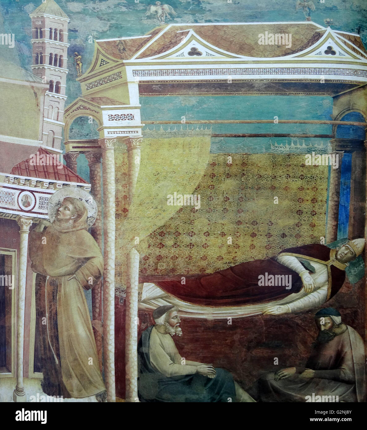 Fresco depicting Pope Innocent III's dream of the collapsing Lateran Basilica and its preservation by St Francis. Created by Giotto, Italian painter and architect from Florence. Dated 14th Century Stock Photo