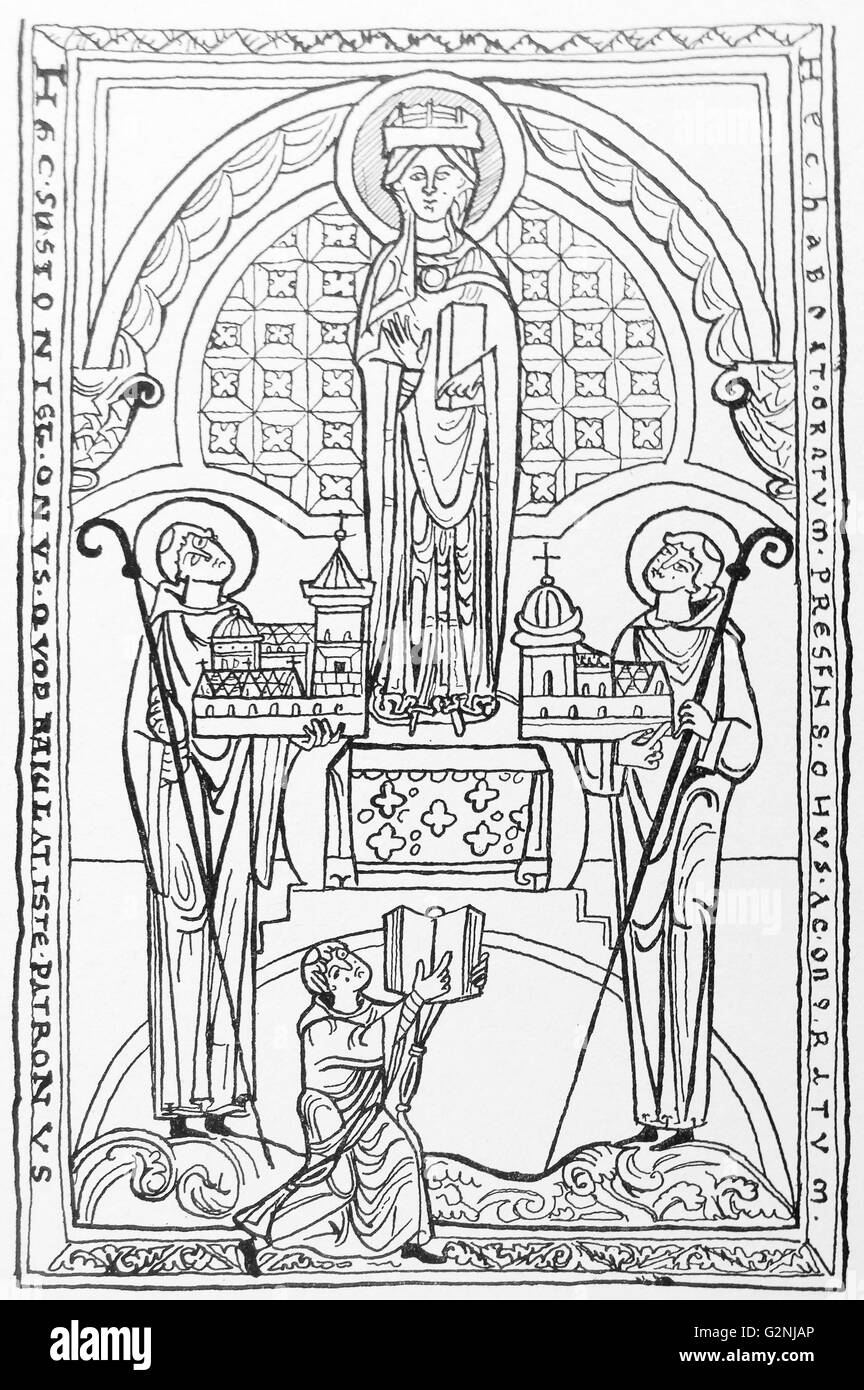 Line drawing of Stephen Harding, abbot of Citeaux, is depicted standing with the abbot of St-Vaast; both carrying models of churches of their churches as an offering to the Virgin. Oshert, the scribe is also depicted. Dated 12th Century Stock Photo