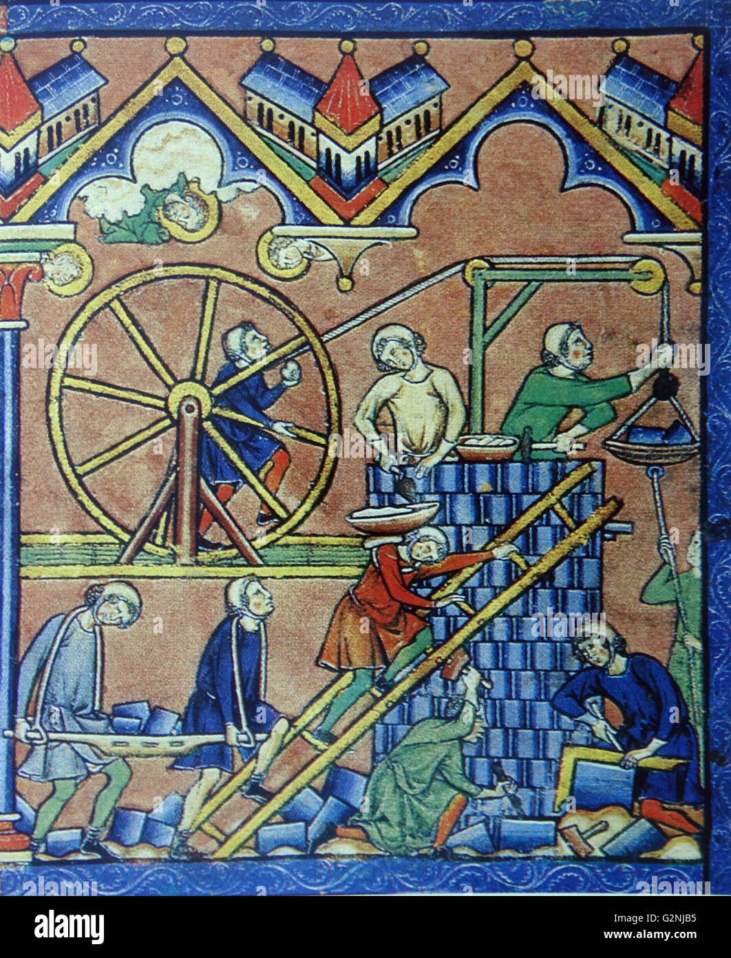 Miniature of a hosting system. A hosting system consisted of cranes attached to great wheels worked either like a capstan or like a treadmill. The miniature depicts the treadmill type, masons laying chequered masonry and a man carrying the mortar up a ladder. Dated 13th Century Stock Photo
