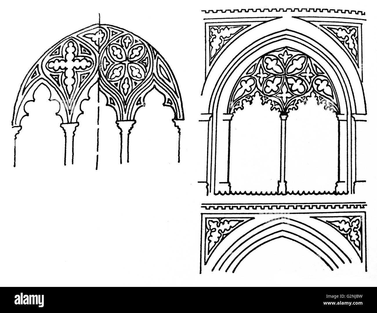 Sketches of Decorative Cathedral Architecture. (Left)The South cloister of Norwich Cathedral, by William Ramsey. (Right)The Choir of Ely Cathedral. Dated 14th Century Stock Photo
