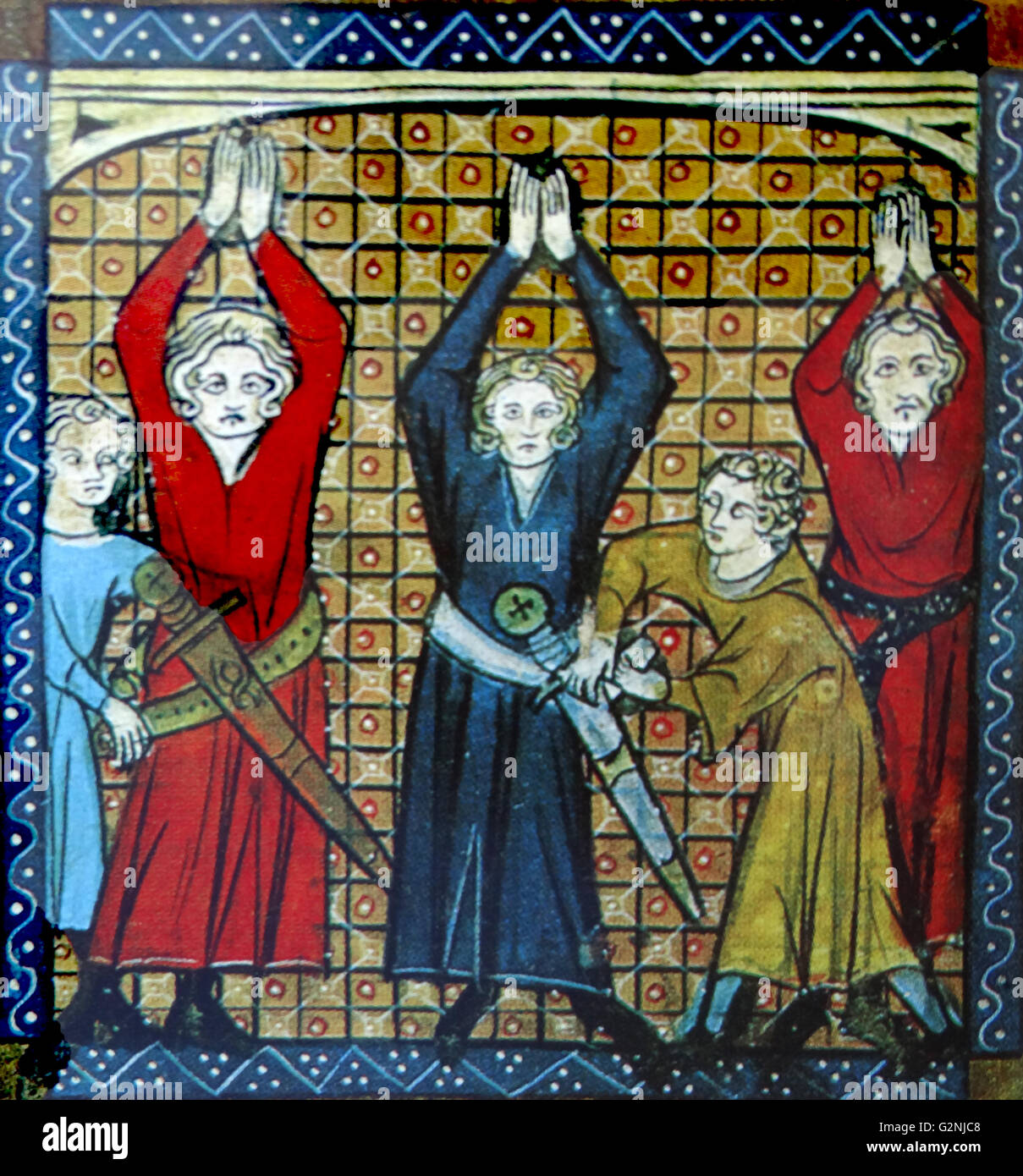 Illumination titled 'Coment Viviens fu fais che', from the manuscript of the Chansons concerning King Guillaume d'Orange. The illumination depicts squires removing the swords from The king and knights. Dated 14th Century Stock Photo