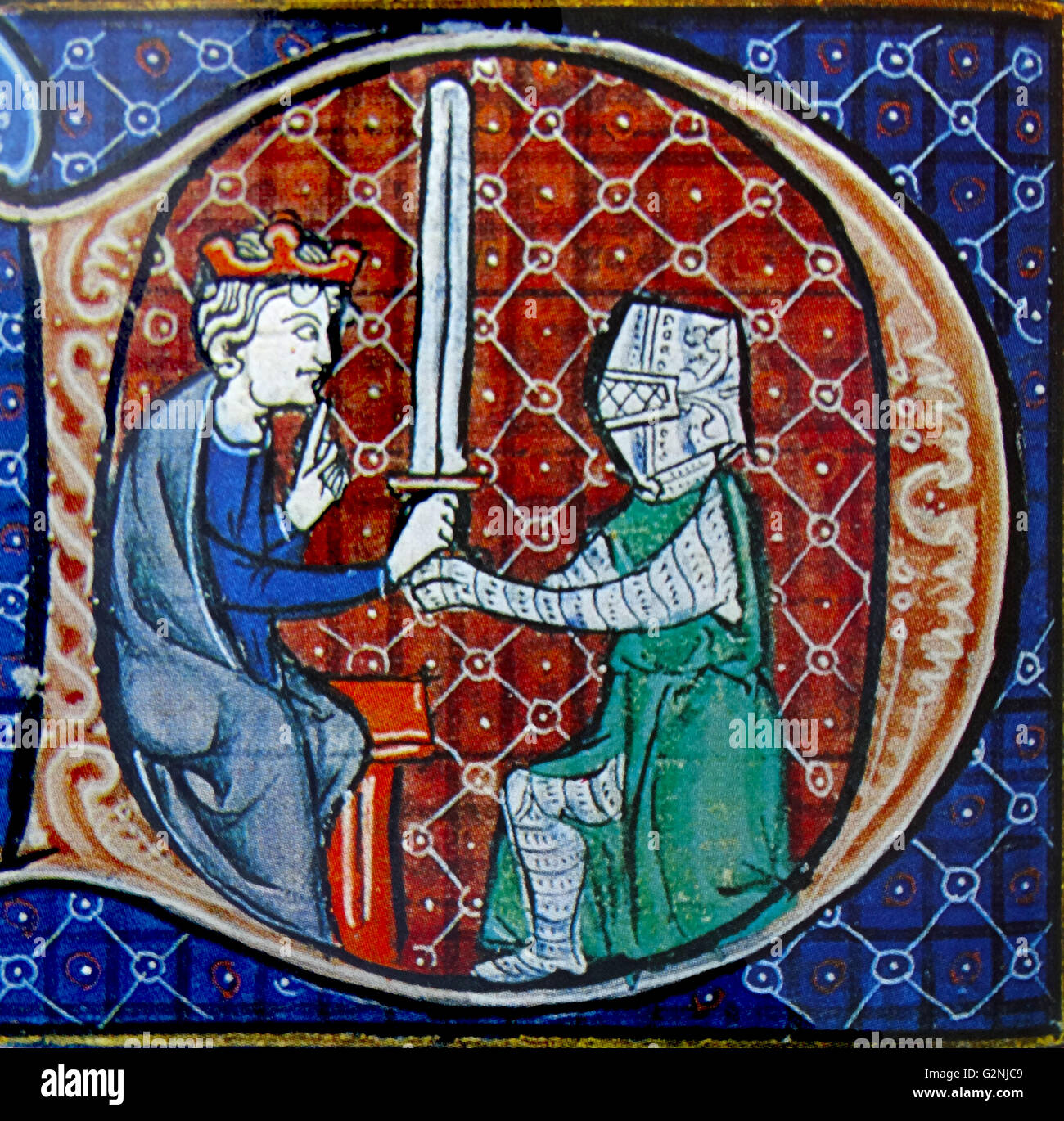 Miniature depicting a Knight receiving his sword from the King Guillaume d'Orange. Dated 14th Century Stock Photo