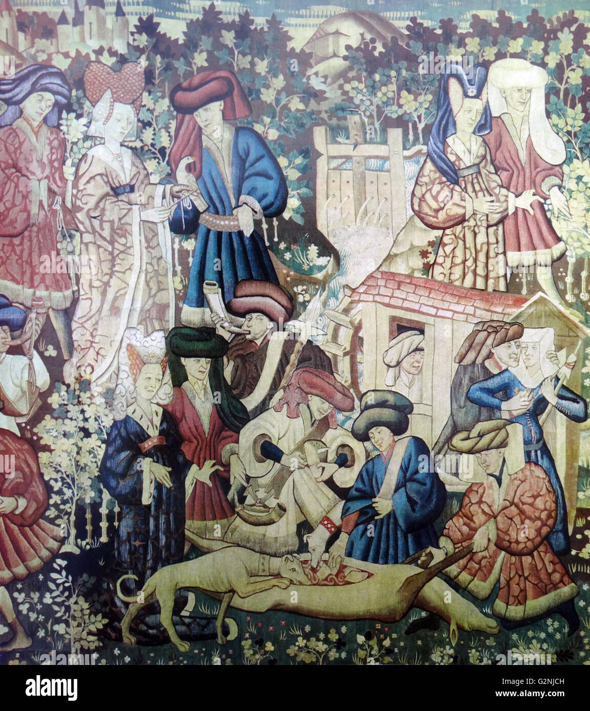 Hardwick tapestry depicting a mediaeval hunting scene. The hunt has 
