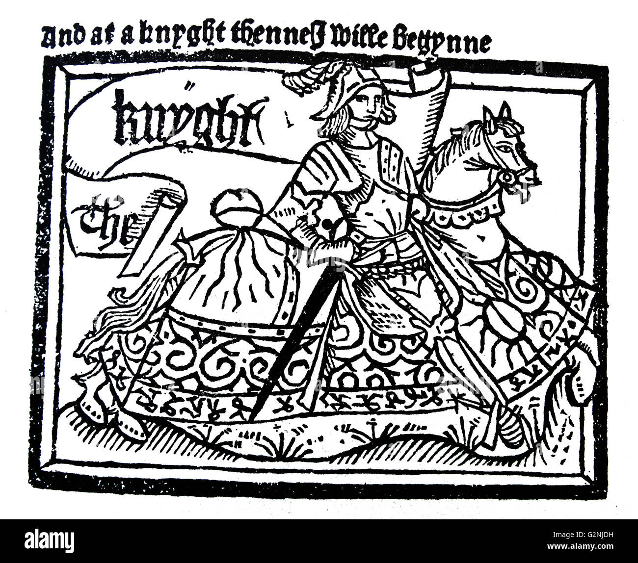 A line drawing of the Chaucer's Knight, from the Canterbury Tales 'The Knight's Tale'. The Knight's Tale, is the first tale from Geoffrey Chaucer's The Canterbury Tales. The story introduces various typical aspects of knighthood such as courtly love and ethical dilemmas. Dated 14th Century Stock Photo