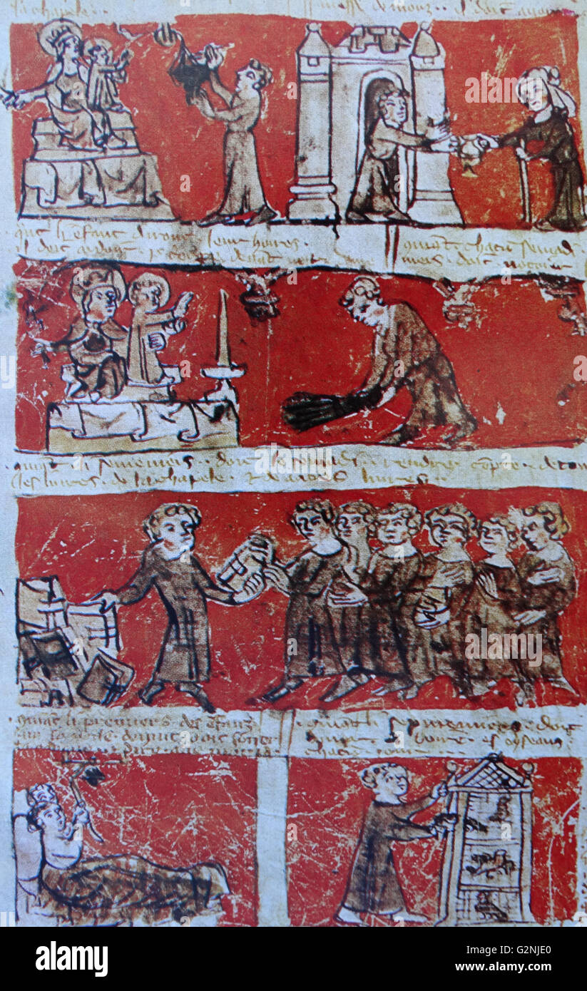 Illustrated manuscript of aspects of student life at the College of Ave Maria in Paris. Dated 14th century Stock Photo