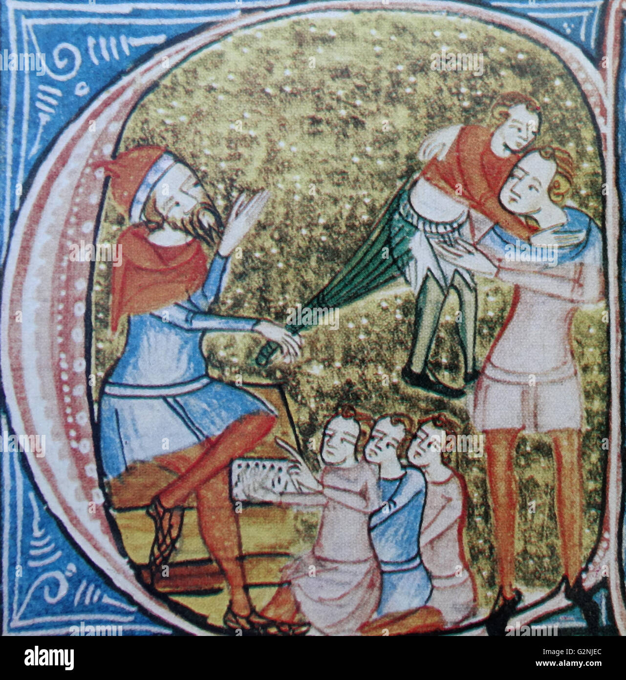 Illumination depicting the birching of an offending student. Dated 13th Century Stock Photo