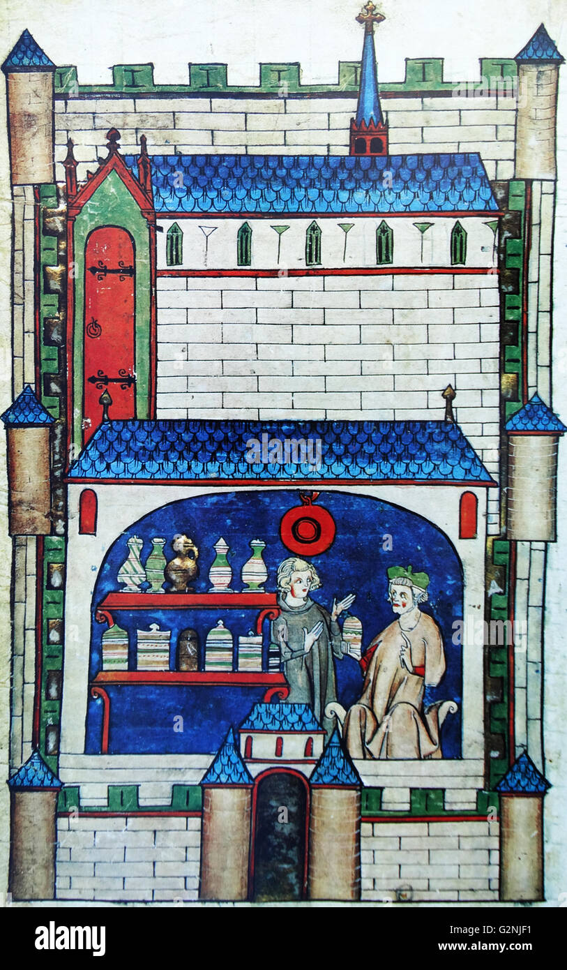 Miniature of a mediaeval pharmacy from the French translation of Roger of Salerno's Chirurgia. Dated 14th Century Stock Photo