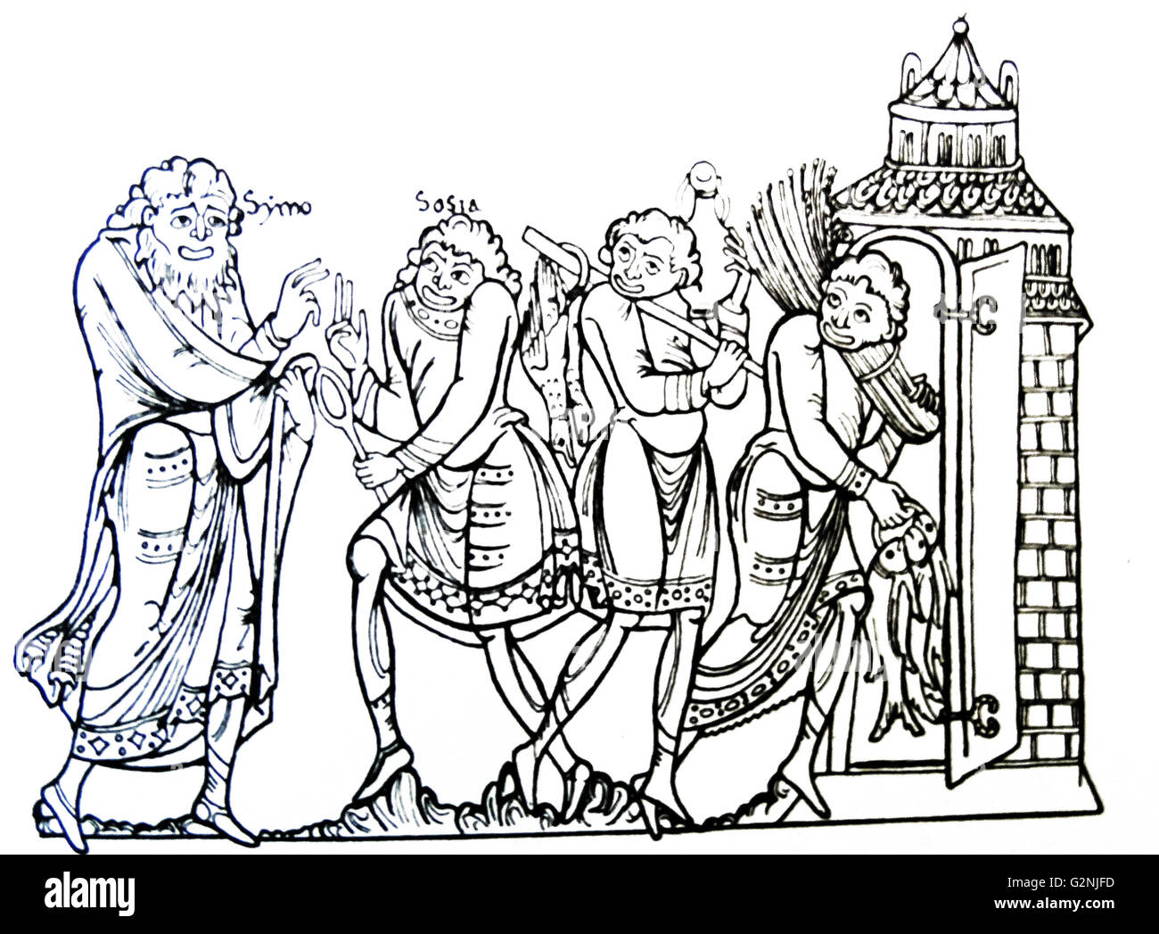 Illustration from the manuscript of Terence's 'Woman of Andros' depicting the preparations for a wedding. Dated 12th Century Stock Photo