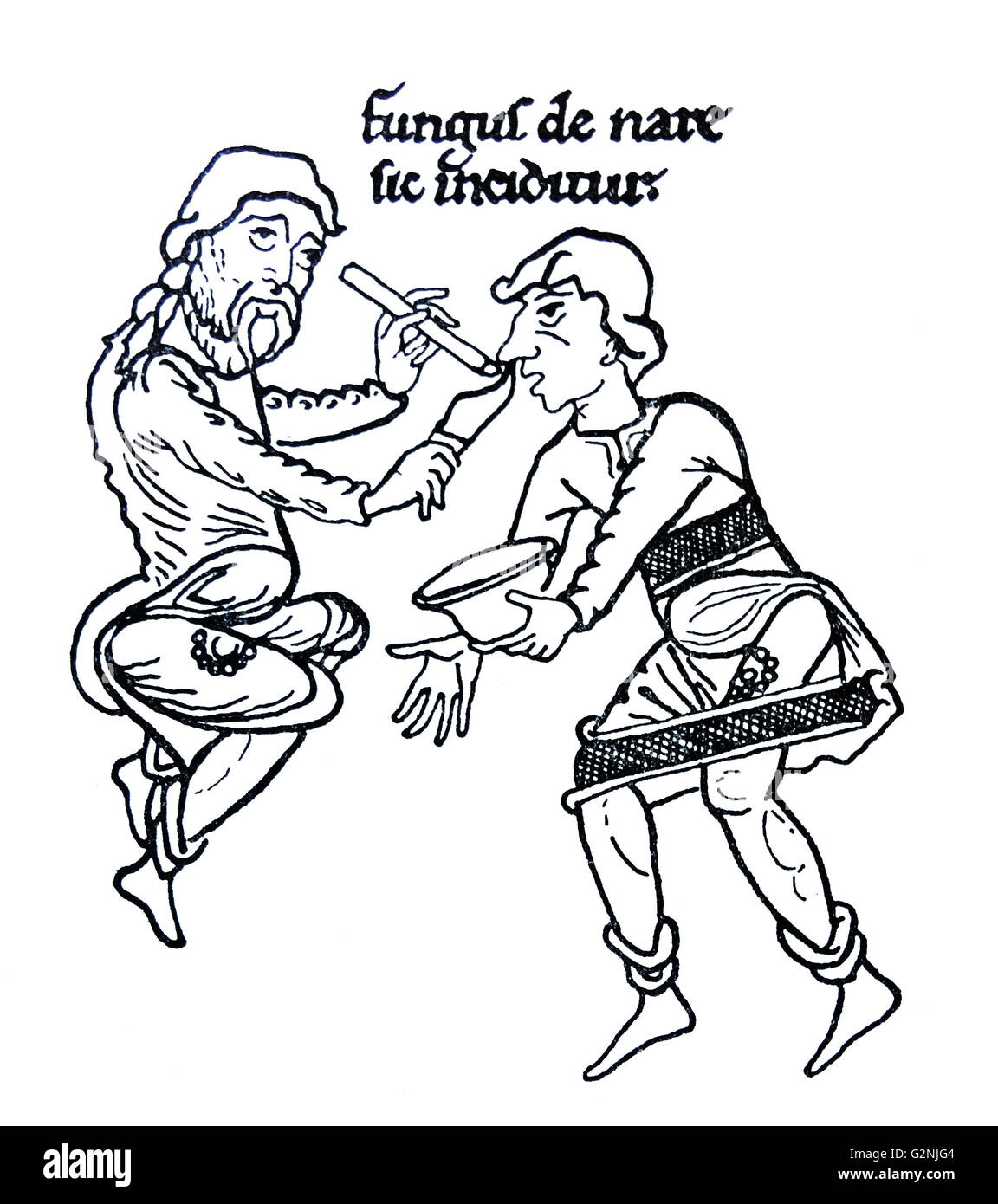 Drawing of the mediaeval treatment of a nasal affliction. The text above is 'Fungus de nase sic inciditur' which translates to 'Thus polypus is cut out of the nose'. Dated 12th Century Stock Photo