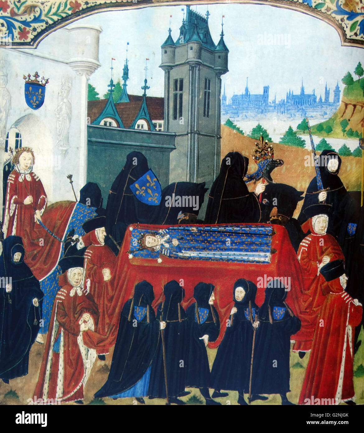 The funeral procession of Charles VI of France, le Bien-Aimé, with Paris in the background. On the coffin lies a wax effigy arrayed with all the attributes of Power. The mourners are depicted in black with exception of the members of Parliament. Dated 15th Century Stock Photo