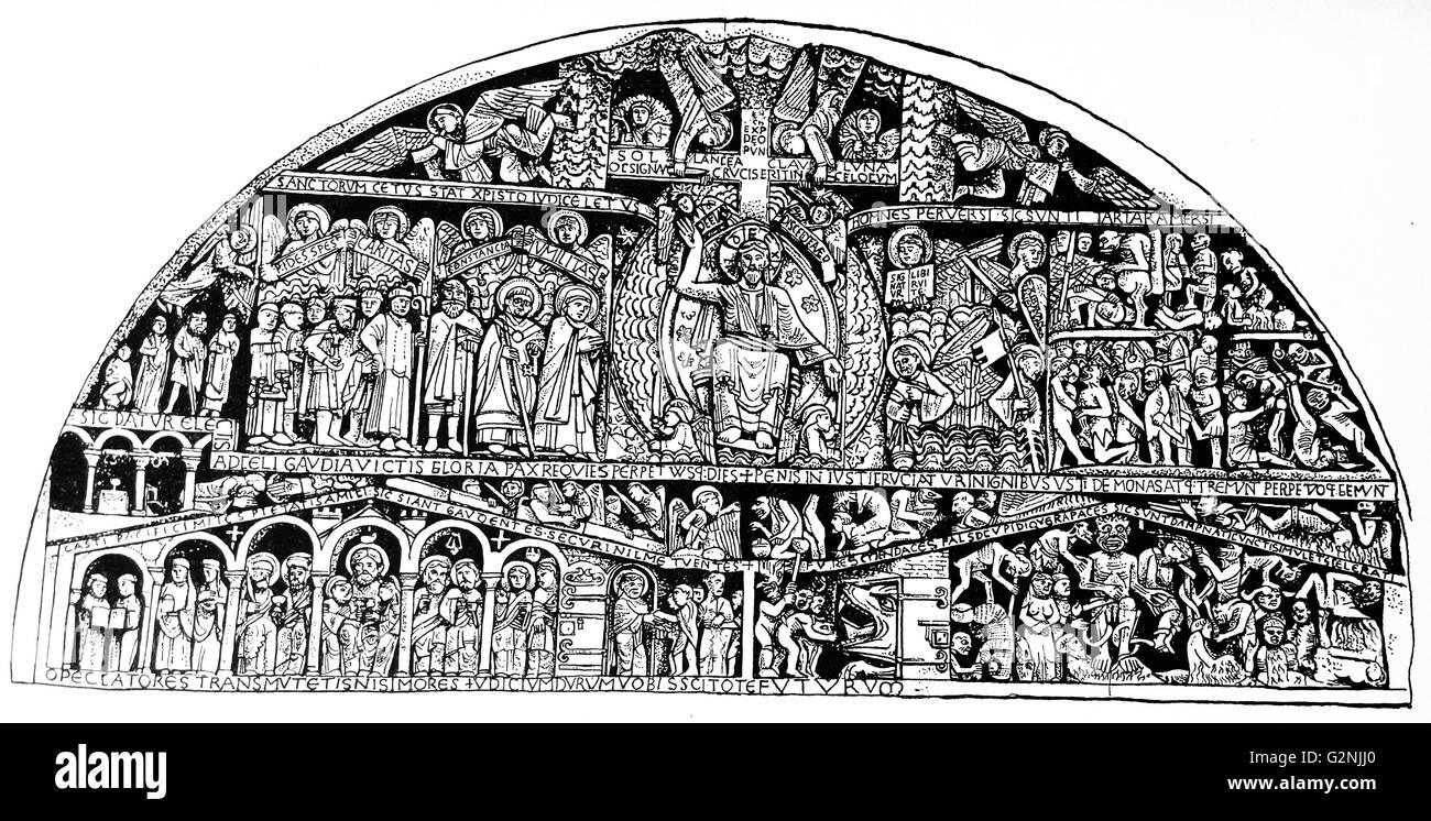 The Tympanum of Conquest. It's message is spelt in adapted Latin Vulgate. Christ is depicted in the centre with a scroll in his right hand which reads 'Come, ye blessed of my Father, inherit the Kingdom prepared for you' and in his left: 'Depart from me, ye cursed'. Dated 13th Century Stock Photo