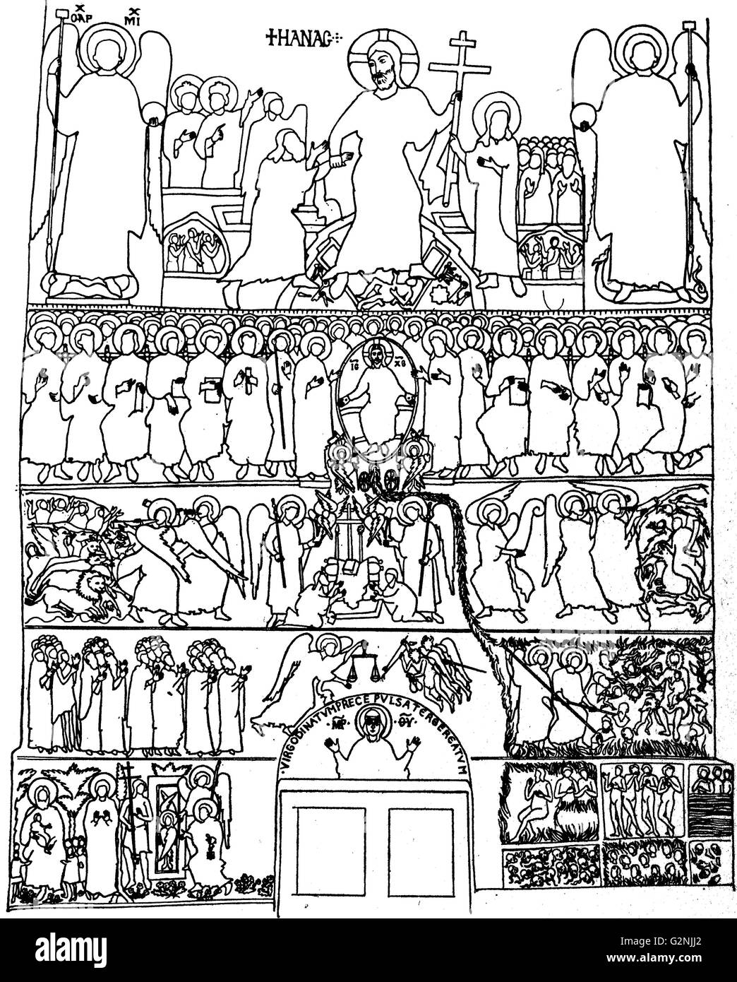 Line drawing of a fresco from Torcello. It is divided into five levels. The first: Christ releases Adam from Limbo. Second: Christ in majesty between the Virgin and John the Baptist. Third: the Book of Life with Adam and Eve kneeling in adoration. Fourth: the weighing of souls, with the elect on one side, the dammed on the other. Fifth: Heaven with the souls in Abraham's bosom, and Hell, with the souls roasted in a stream of fire which issues from below Christ's feet. Dated 14th Century Stock Photo