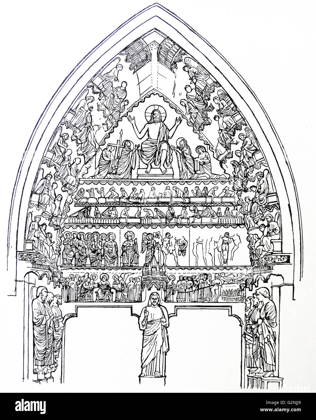 Line drawing of the Last Judgement tympanum at Rheims. Christ, the judge, is the apex f the composition. Beneath him the dead rise from their graves. At the next level the blessed are seated on thrones and the damned. The bottom level are the saved souls being brought to Abraham's bosom, whilst the condemned are dragged by devils to the cauldron of Hell. Dated 14th Century Stock Photo