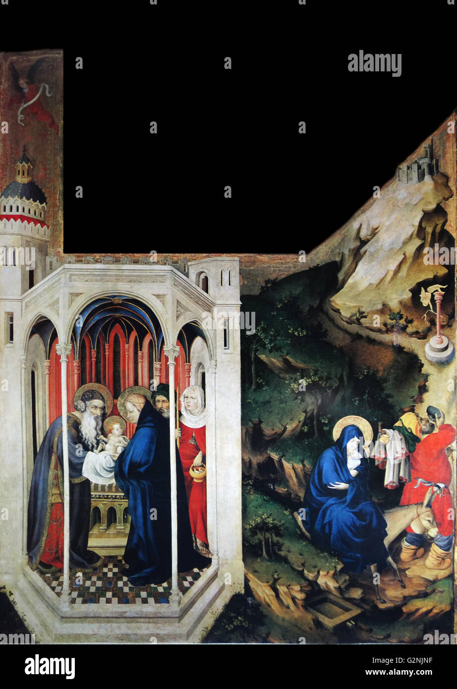 Wing of an altarpiece depicting the Annunciation, Visitation, Presentation in the temple and the Flight into Egypt. Painted by Melchior Broederlam. Dated 14th Century Stock Photo