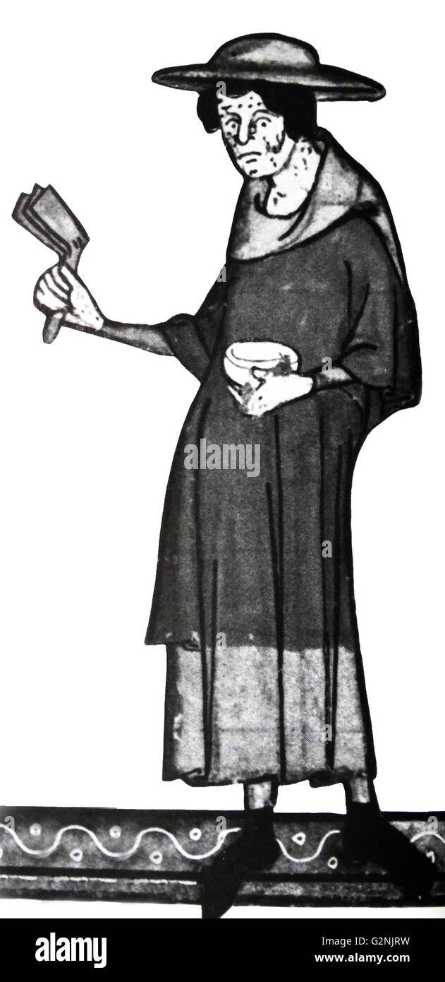 Illustration of a leper with a begging bowl and rattle. Dated 14th Century Stock Photo