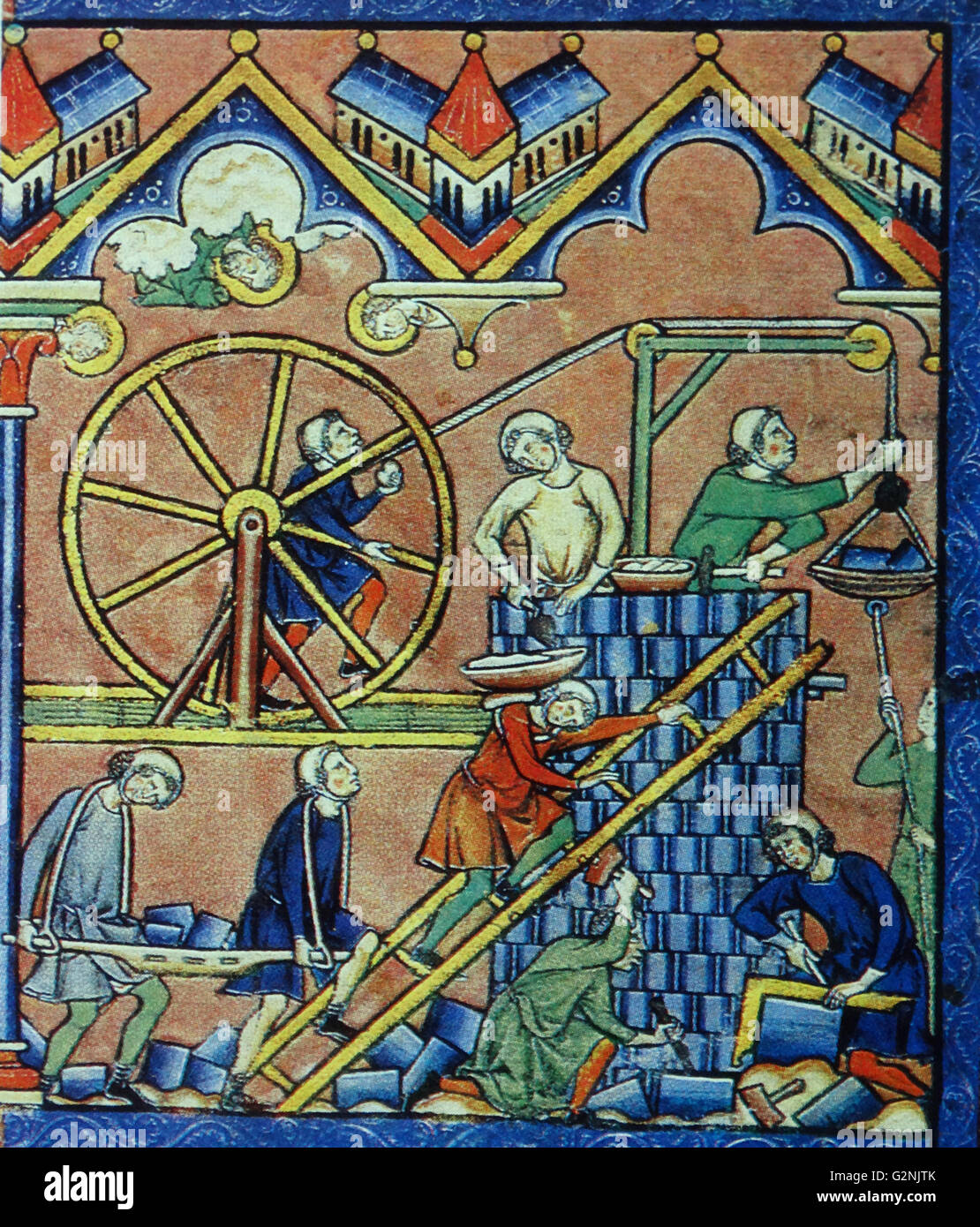 Miniature of a hosting system. A hosting system consisted of cranes attached to great wheels worked either like a capstan or like a treadmill. The miniature depicts the treadmill type, masons laying chequered masonry and a man carrying the motor up a ladder. Dated 13th Century Stock Photo