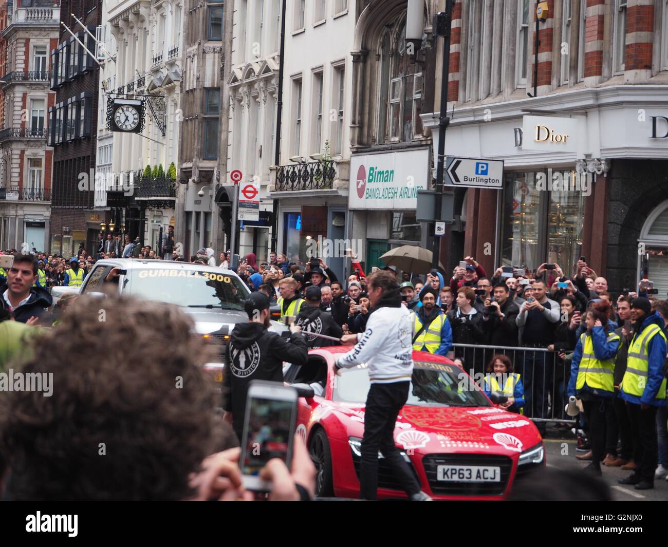 Team 01 in the red Audi R8 for Gumball 3000, Dublin to Bucharest 2016, Regent Street, London, The Hoff, Showboating Stock Photo