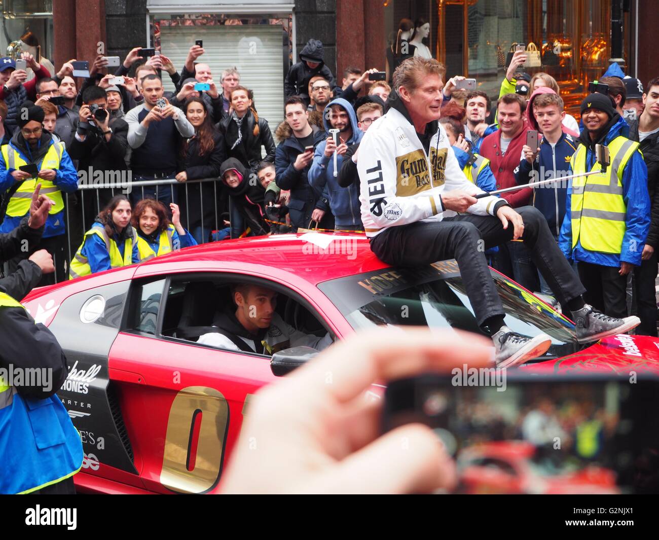 Team 01 in the red Audi R8 for Gumball 3000, Dublin to Bucharest 2016, Regent Street, London, The Hoff Stock Photo