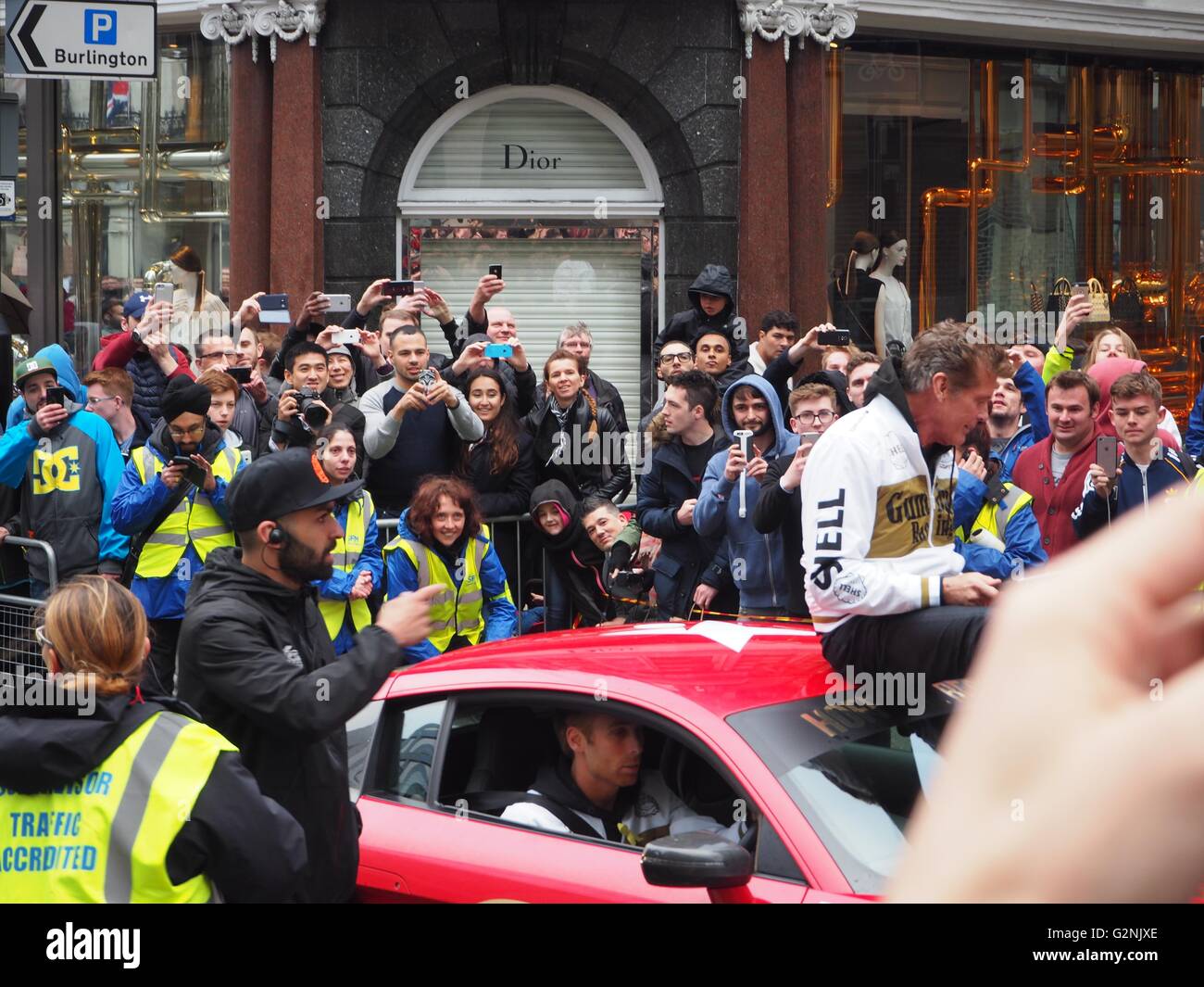 Team 01 in the red Audi R8 for Gumball 3000, Dublin to Bucharest 2016, Regent Street, London, The Hoff Stock Photo