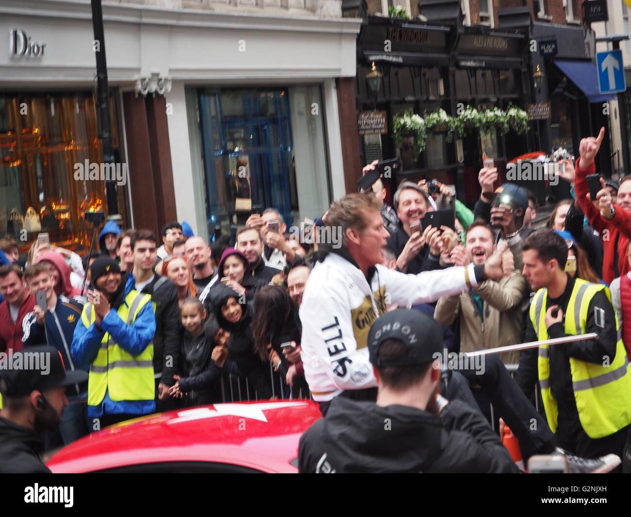 Team 01 in the red Audi R8 for Gumball 3000, Dublin to Bucharest 2016, Regent Street, London, The Hoff Stock Photo