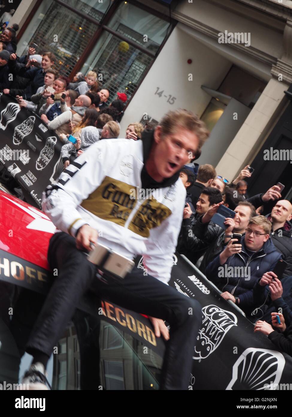 Team 01 in the red Audi R8 for Gumball 3000, Dublin to Bucharest 2016, Regent Street, London, The Hoff Stock Photo