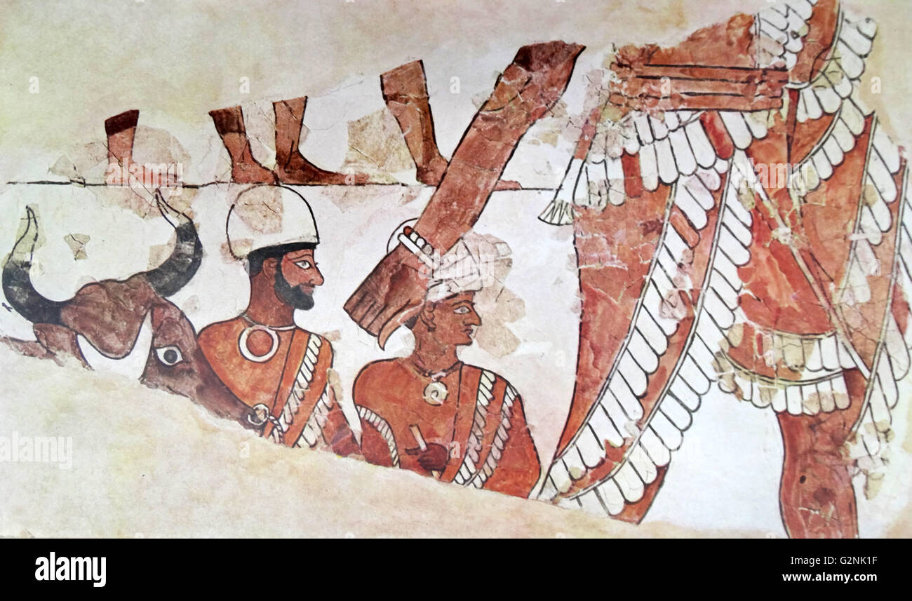 Mesopotamia: Palace of Mari. Part of a sacrificial scene, restored by Paul Francois, architect to the expedition of M Andre Parrot, from thousands of tiny fragments. (Wall painting. Early second millennium B.C. Stock Photo