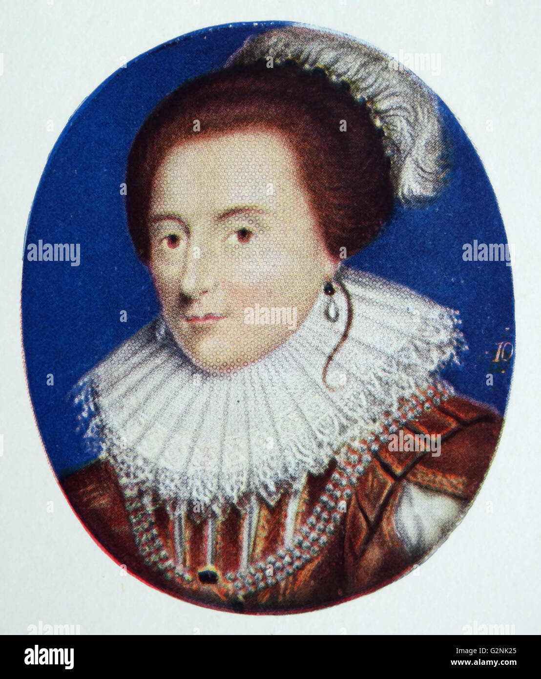 The Queen of Bohemia (1596-1662) . As the wife of Frederick V, Elizabeth Stuart was Electress Palatine and briefly Queen of Bohemia. She was a hugely powerful figure in her time. By Isaac Oliver (1565-1617) French born English portrait miniature painter. Stock Photo
