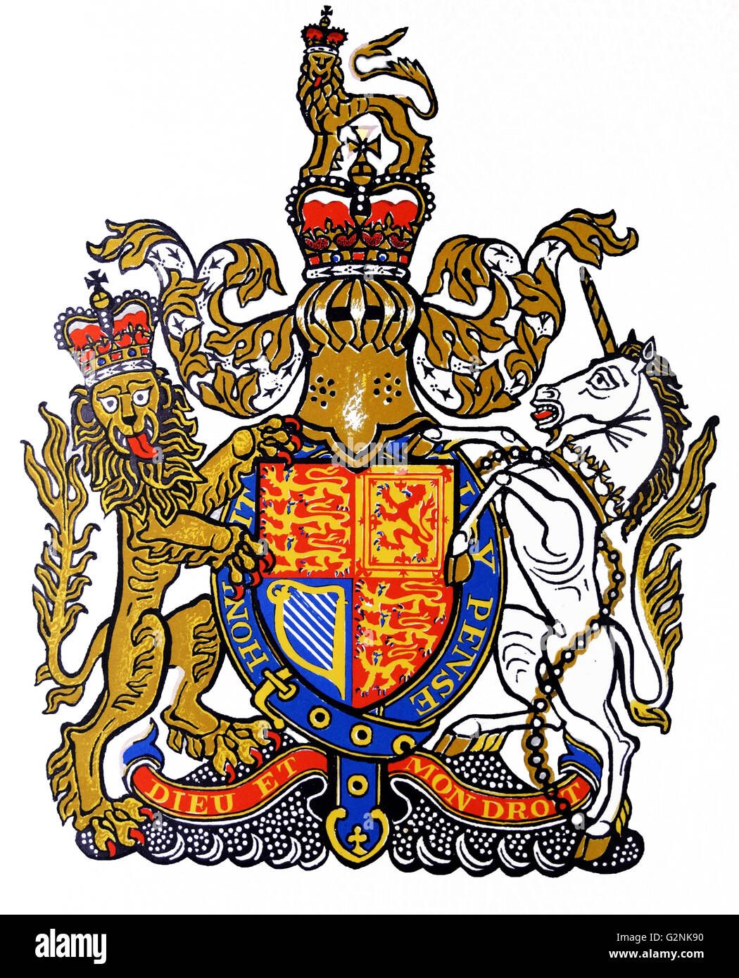 The coat of arms of the British monarch bearing the motto of English monarchs, Dieu et mon droit (God and my right). Drawn by Edward Bawden CBE RA (1903 – 1989) was an English graphic artist. Stock Photo