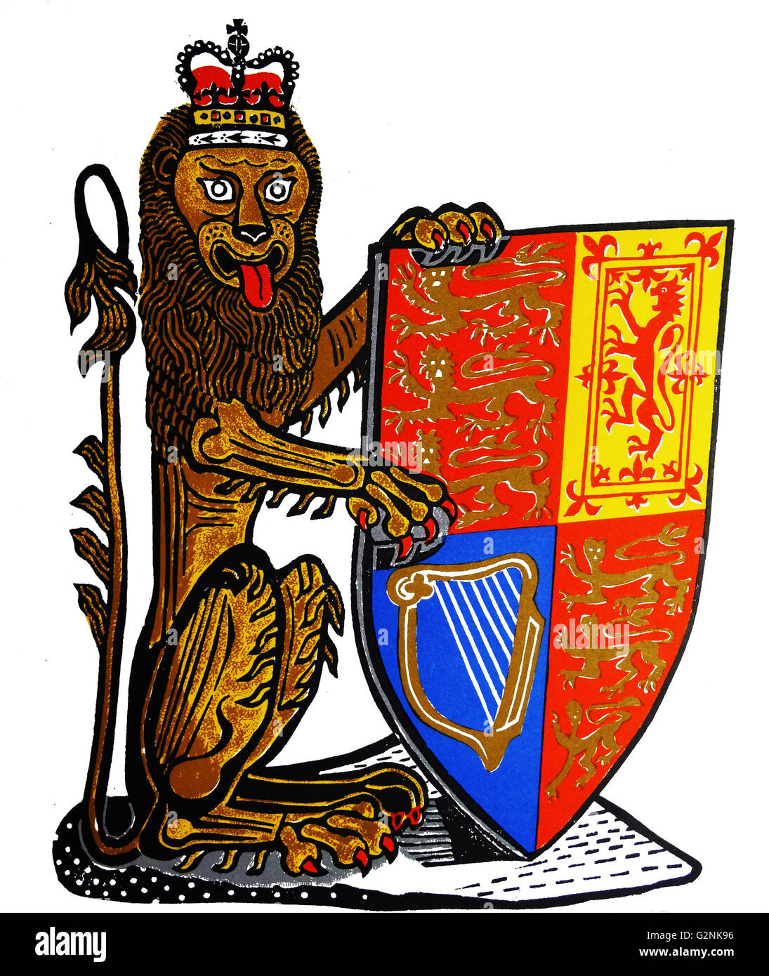 The Heraldic Lion of England. The first and fourth quadrants represent England and contain three gold lions passant on a red field; the second quadrant represents Scotland contains a red lion rampant on a gold field; the third quadrant represents Ireland and contains the gold harp of Ireland on a blue field. Drawn by Edward Bawden CBE RA (1903 – 1989) was an English graphic artist. Stock Photo