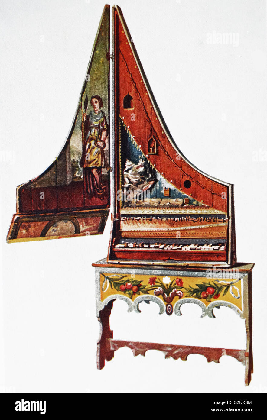 Clavicytherium or Upright Spinet. Thought to have originated from Northern Italy or South Germany, this instrument is one of the oldest spinet or keyboard stringed instruments existing - dating back to the first years of the sixteenth century. Stock Photo