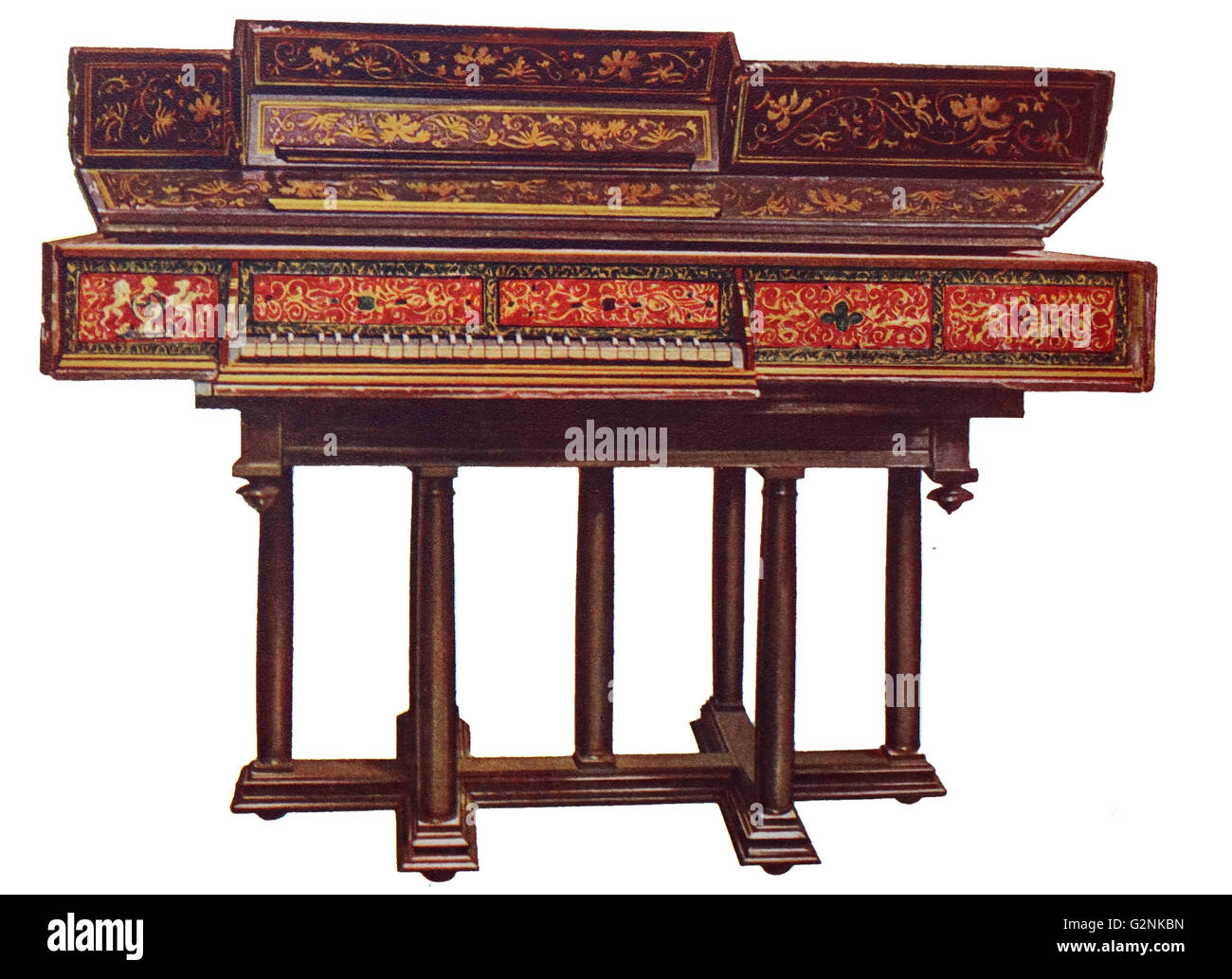 Queen Elizabeth's Virginal. This musical instrument is sitting on a stand and is believed to have belonged to Queen Elizabeth due to her Royal Arms appearing on one side of the keyboard. Stock Photo