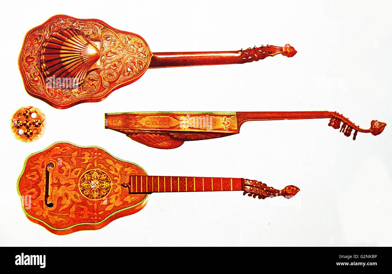 Queen Elizabeth's Lute. Although referred to as a lute this musical instrument is technically a guitar. It is believed to have belonged to Queen Elizabeth although this can’t be known for sure. Stock Photo