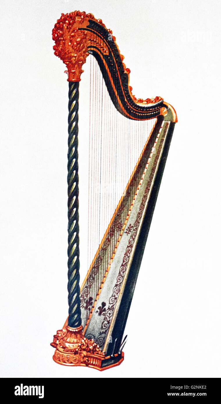 Pedal Harp. The first pedal mechanism was introduced in 1720 by Hochbrucker and this green and gold harp once belonged to George IV. Stock Photo
