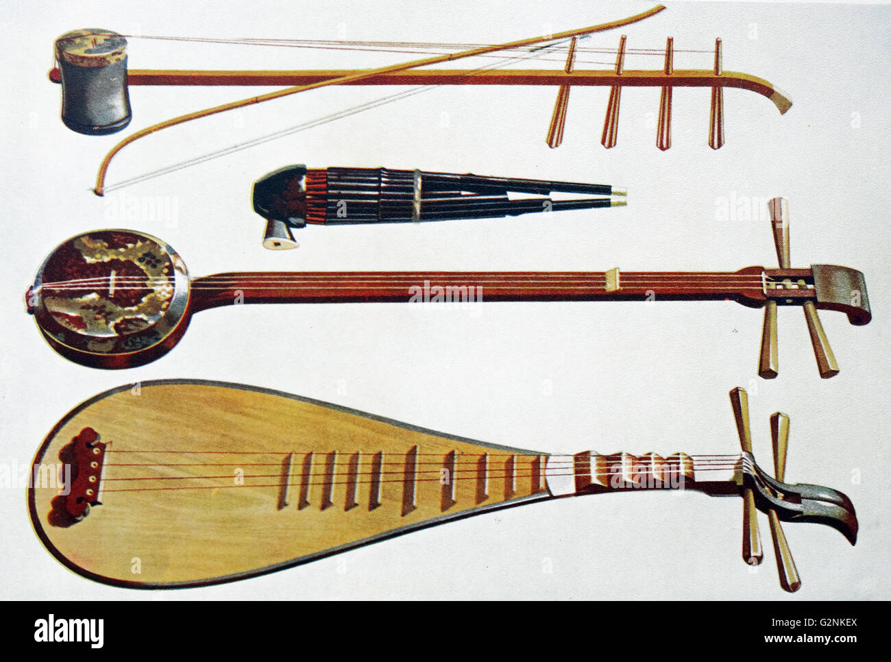 Hu-Ch'in & Bow, Shêng, San-Hsien and P'i-P'a. The Hu-Ch'in (left) was one of the most popular musical instruments in Peking. The P'i-P'a had a body that was nearly a foot in diameter and was usually played by men who were hired as minstrels or ballad-singers in the South of China. Stock Photo