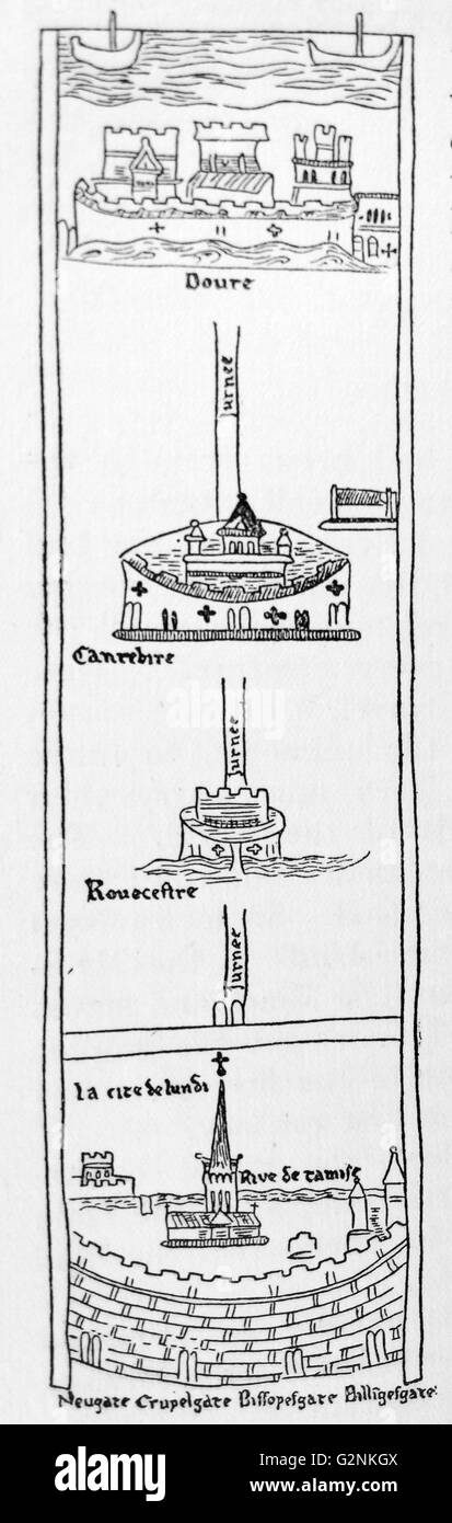 The first stages of a Medieval pilgrimage : London to Dover. From Matthew of Paris's Itinerary, 13th century. Stock Photo