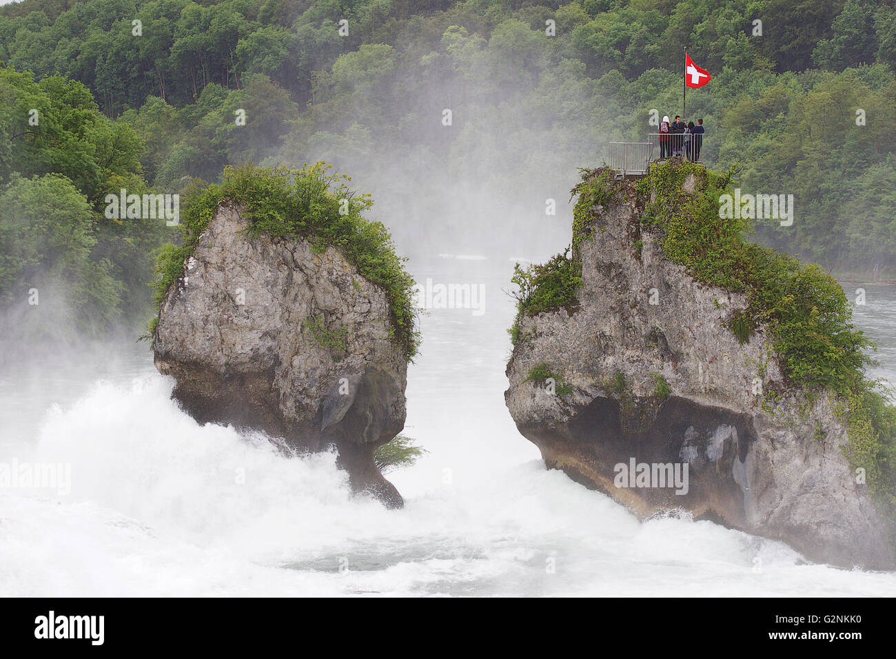 The two islands in the middle of the Rheinfalls in Switzerland. Stock Photo
