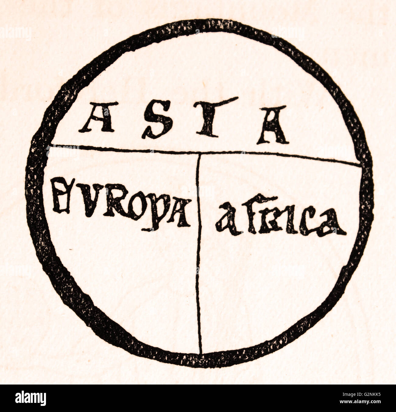 A T-map, showing three known continents on a flat earth projection from the 10th century. Stock Photo