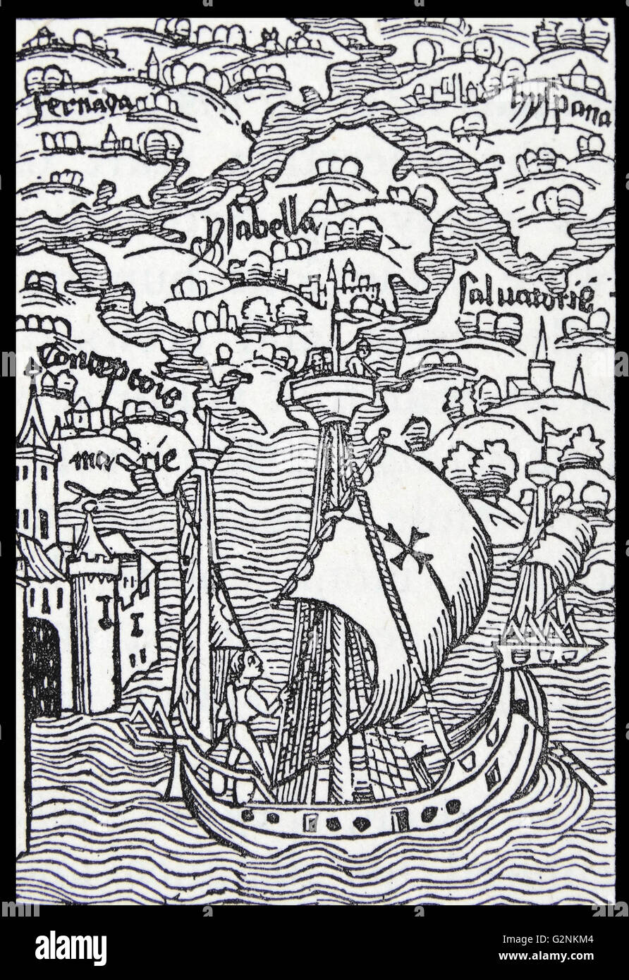 The town of Isabella and the colony founded by Columbus. From a woodcut of 1494. Stock Photo