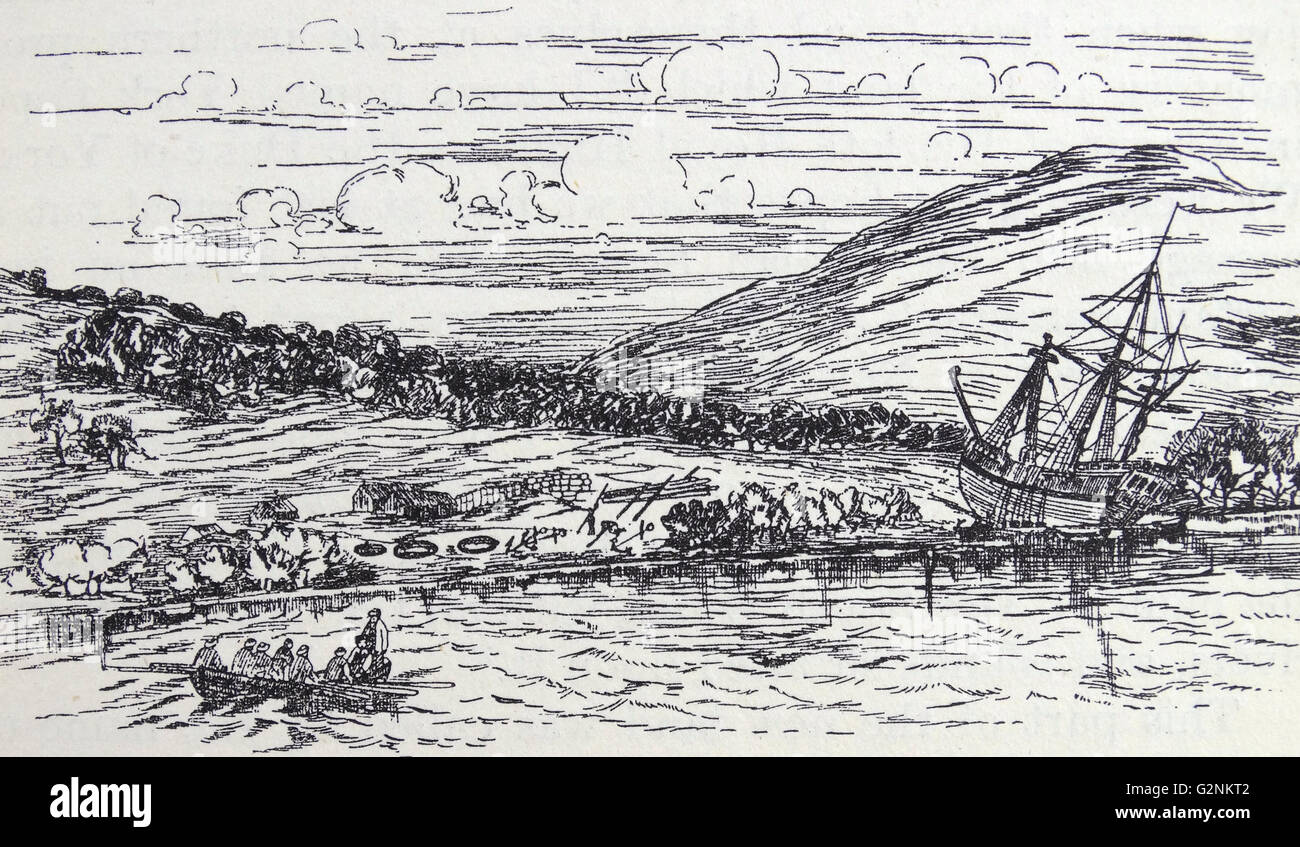 Captain Cook's vessel beached at the entrance of Endeavour River, where the seaport of Cooktown now stands. From an engraving in the Atlas of Cook's first Voyage. Stock Photo