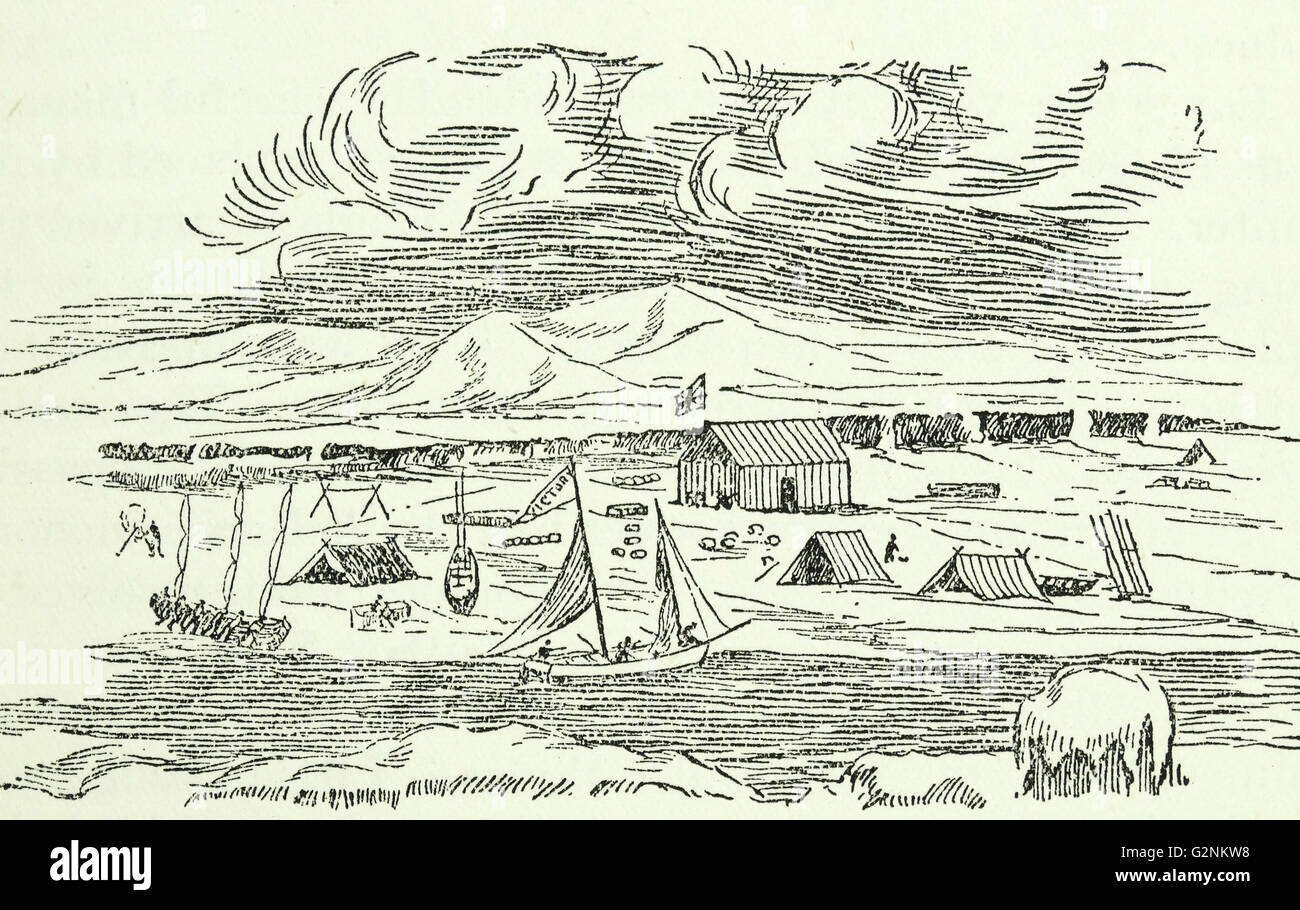 Somerset House, Ross's winter quarters on Fury Beach. From a drawing in John Ross's (1777-1856) second voyage for a North-West passage, 1835 Stock Photo