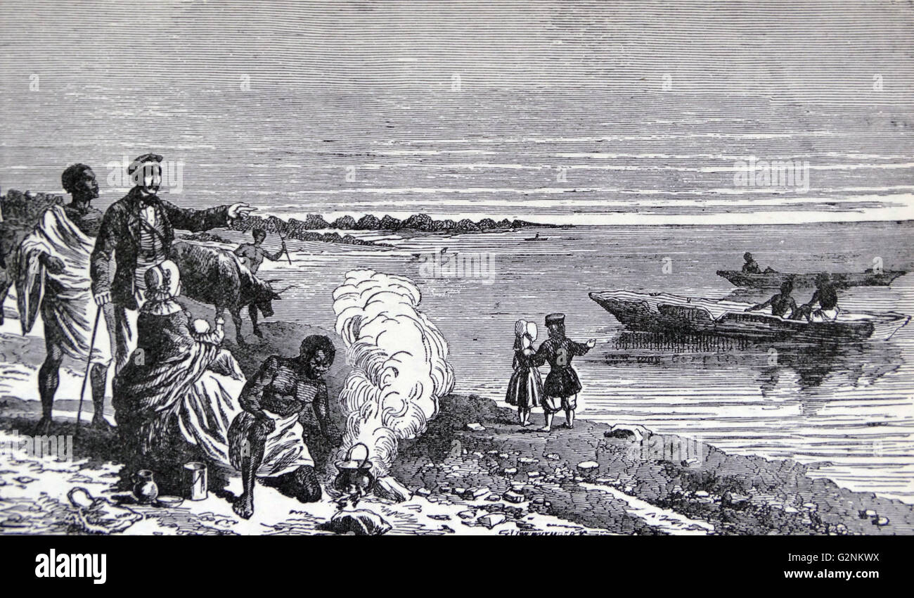 David Livingstone (1813-1873) with his wife and family, at the discovery of Lake Ngami, 1849. From Livingstone's Missionary Travels. Stock Photo