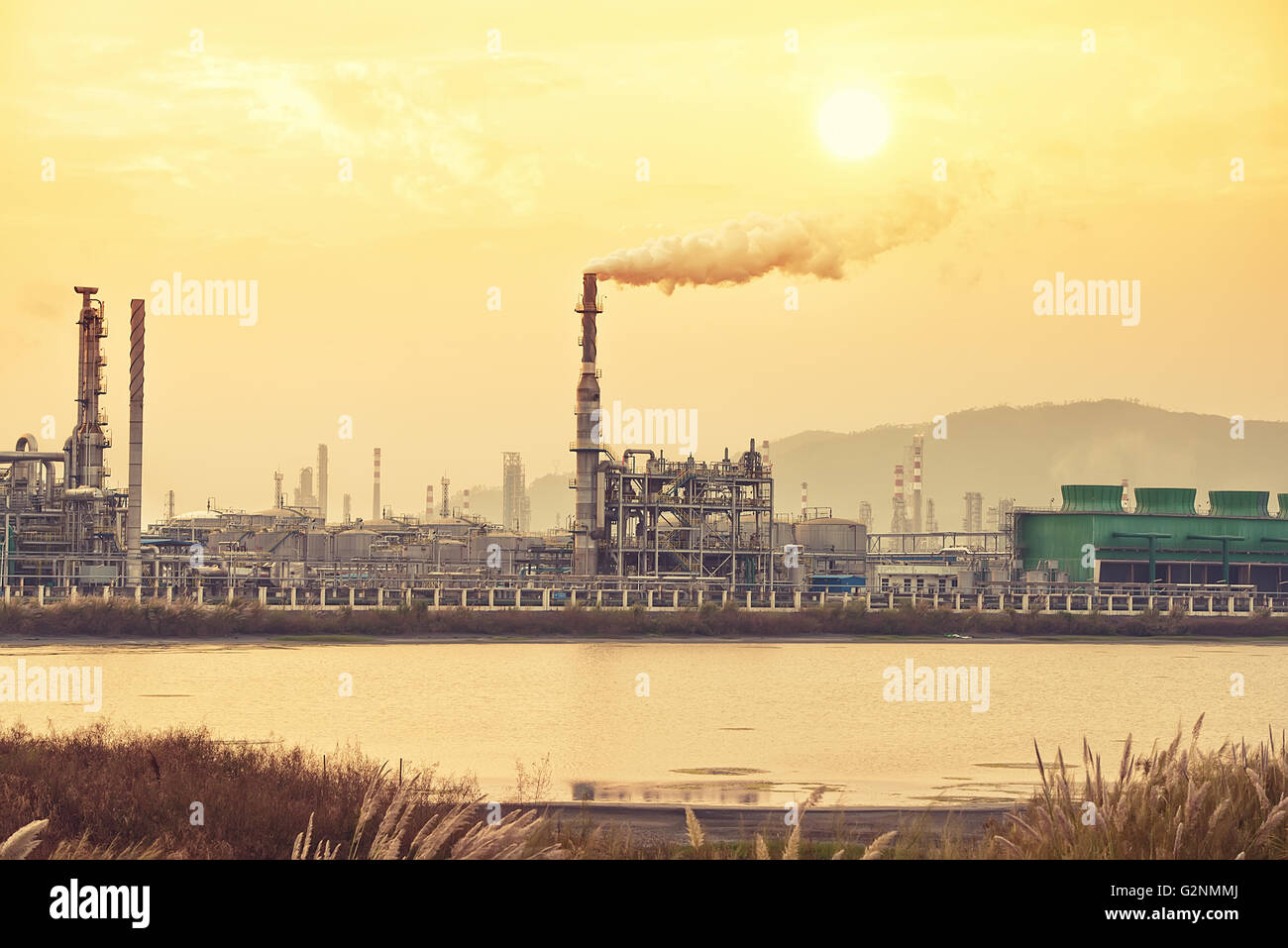 Refinery industrial plant with Industry boiler at night Stock Photo