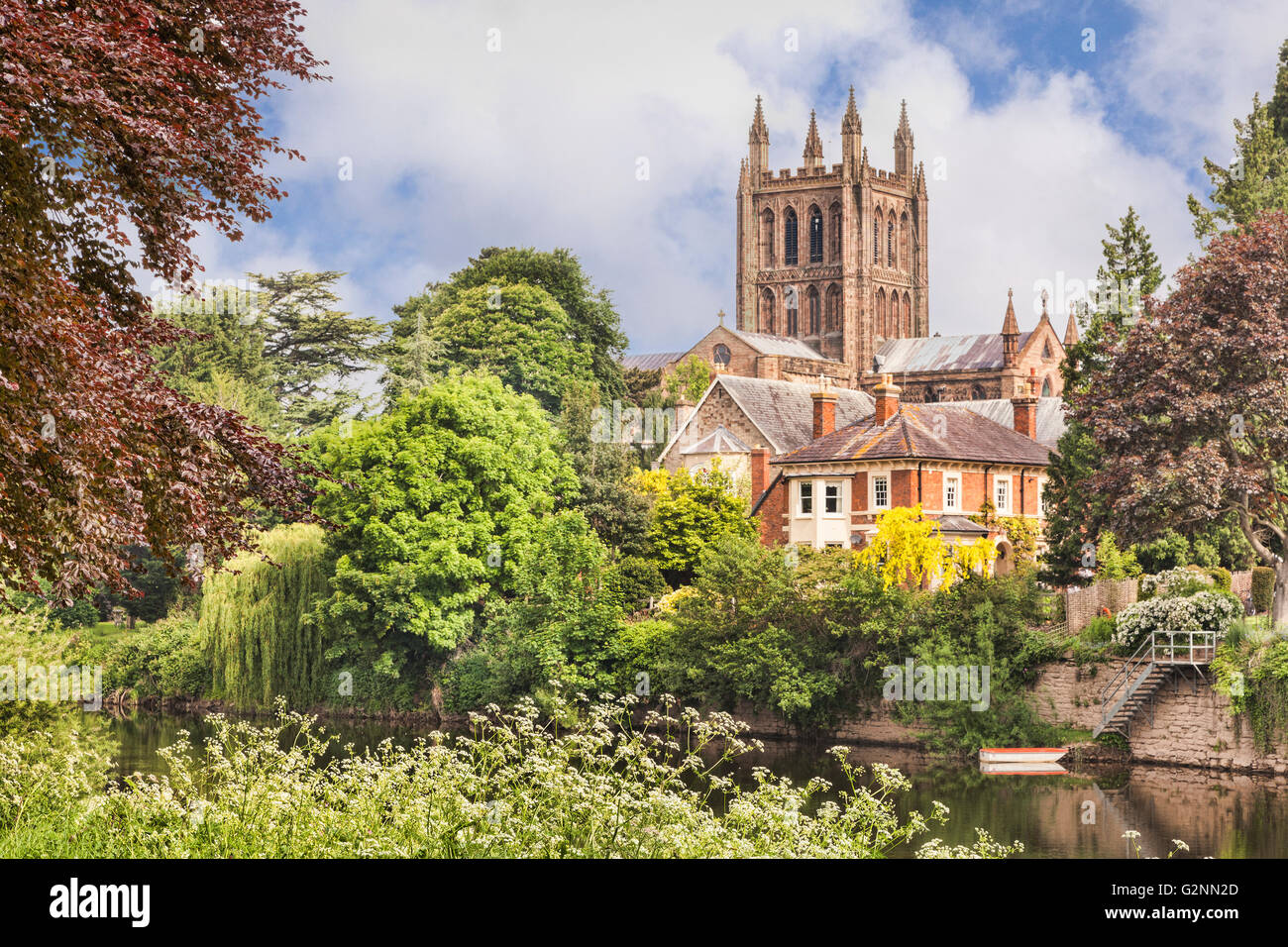 Hereford Cathedral and the River Wye from Bishop's Meadow, Herefordshire, England, UK Stock Photo