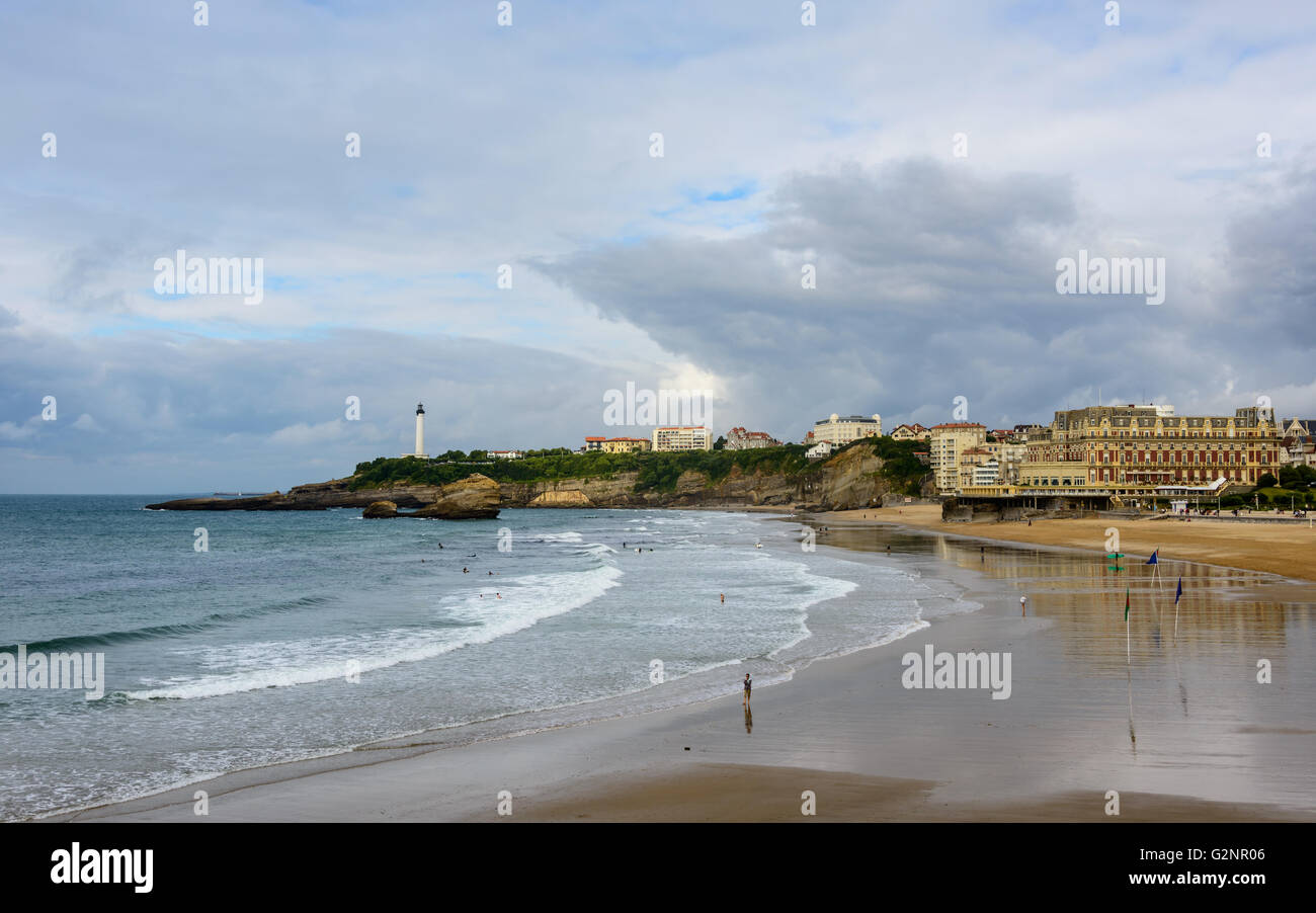 Biarritz beach (Grande Plage), Hotel du Palais and the lighthouse. Stock Photo