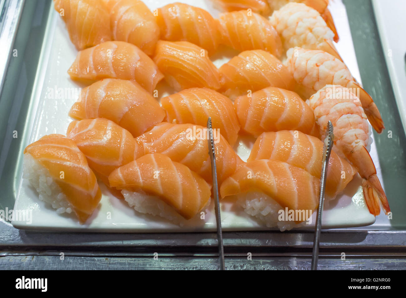 Salmon and shrimp sashimi buffet platter self service Stock Photo - Alamy
