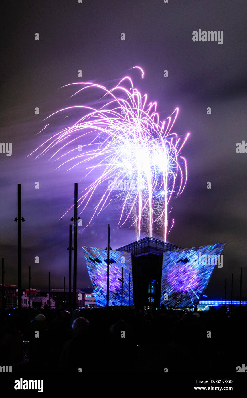 Belfast, UK. 08/04/2012 - The largest light-art and firework display of its type is held at the Titanic Signature Building Stock Photo