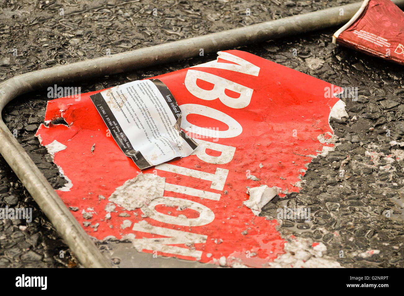 18/10/2012, Belfast - An anti-abortion banner lies on the ground following a protest. Stock Photo